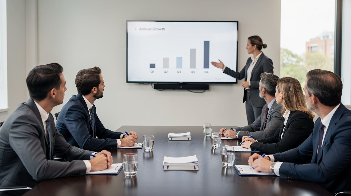 Executive leadership meeting around a wooden table