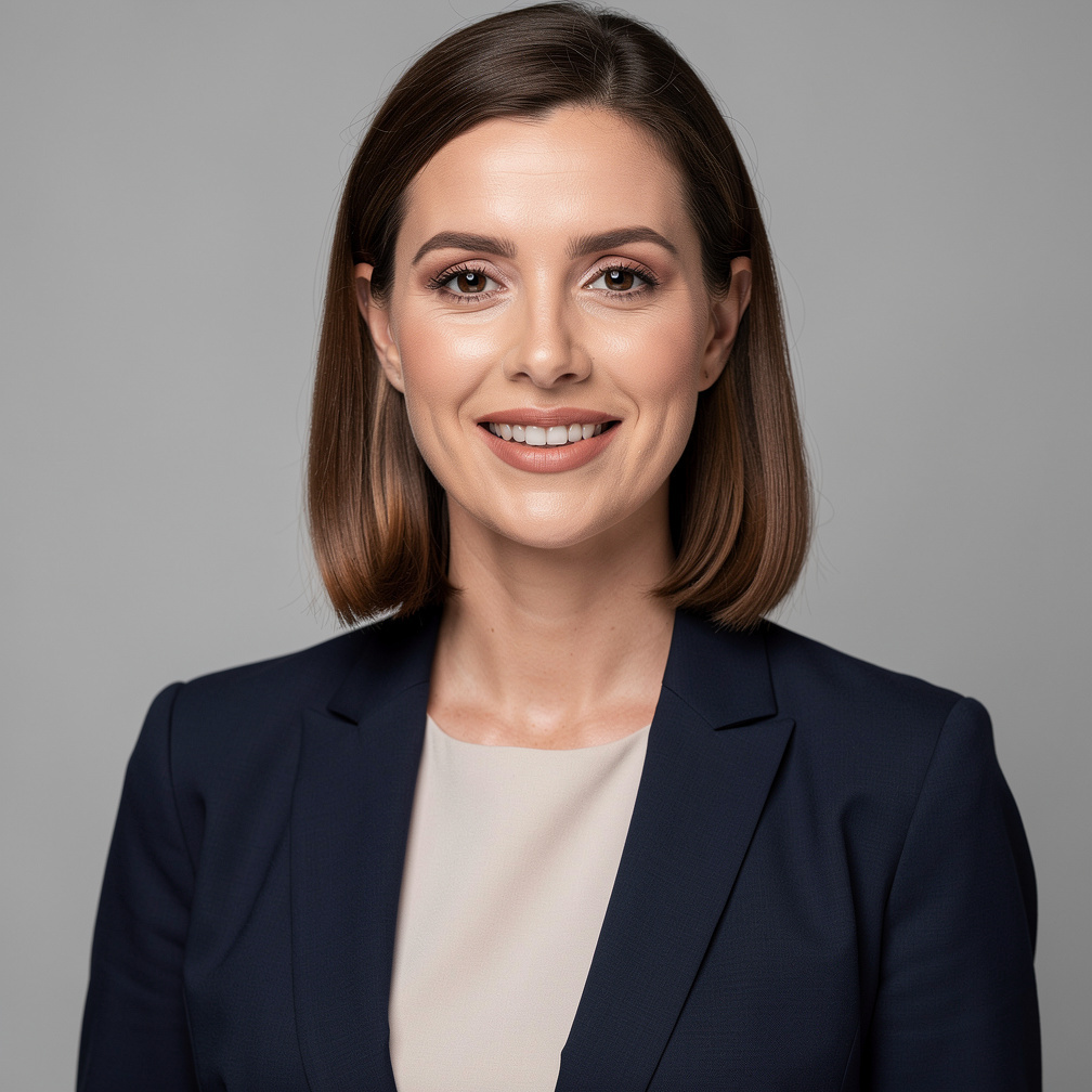 Studio portrait of a Belgian woman in her thirties wearing a blazer