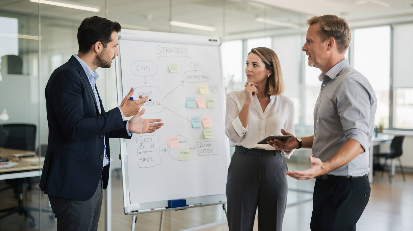 Team of Belgian consultants discussing strategy at a whiteboard
